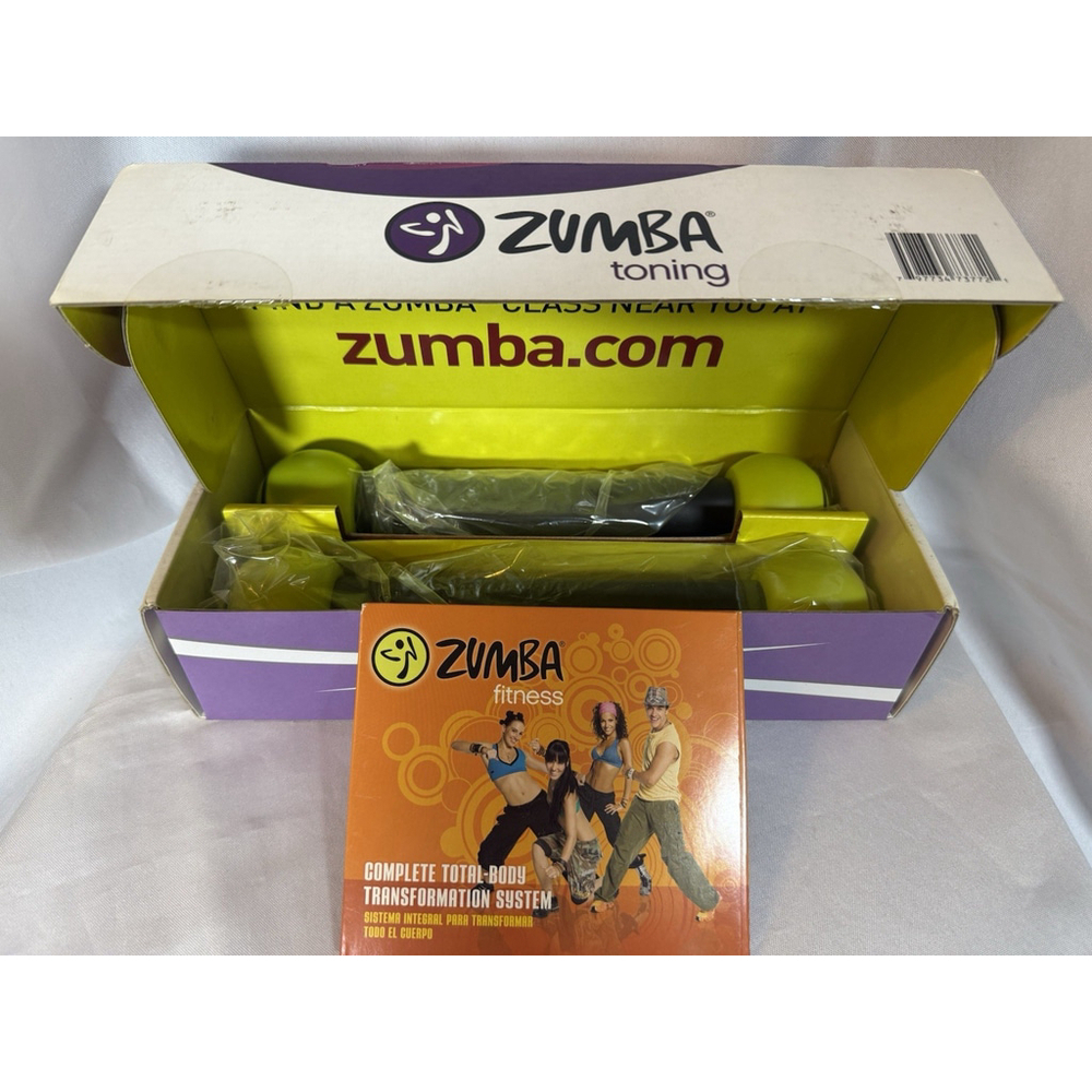 NEW Zumba Toning Sticks Neon Green Black 1 LB Weights Set of 2 Shakers w/ DVD’s